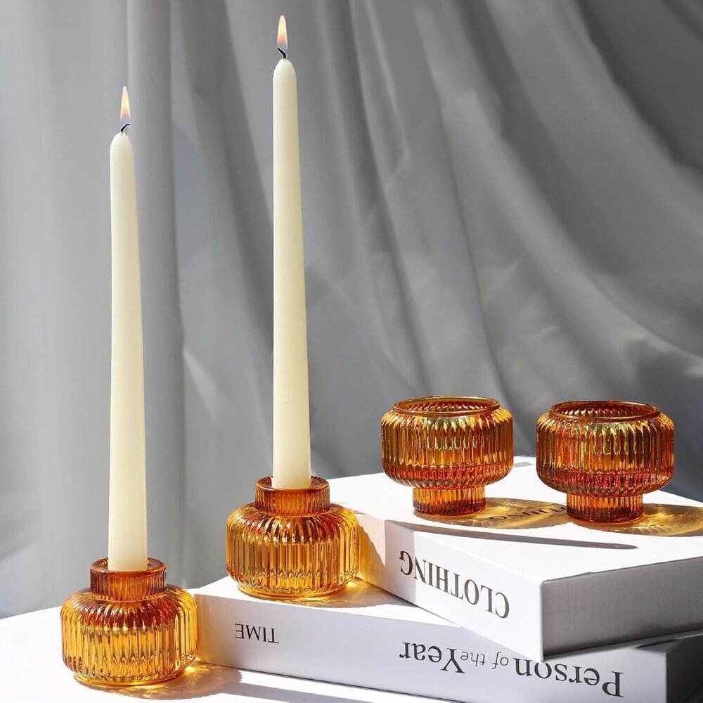 Set of 4, Amber Votive Candle Holders for Fall Wedding Table Centerpiece, Ribbed